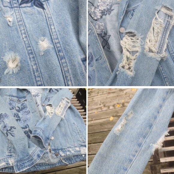 Vintage Deliberate Distressed Ripped Torn Women's Fade Blue Wash Denim Jacket - Picture 10 of 10